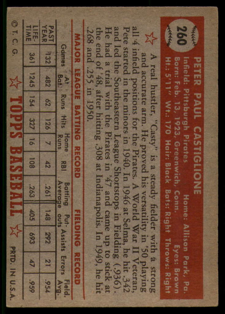 1952 Topps #260 Pete Castiglione EX ID: 53904