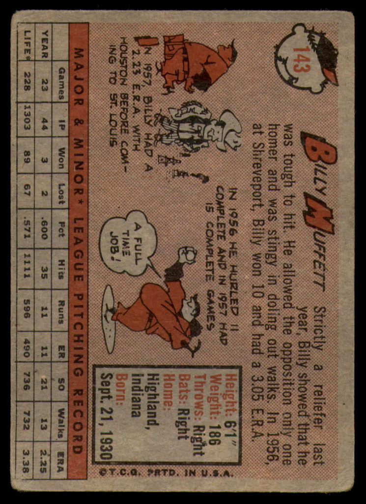 1958 Topps #143 Billy Muffett UER VG Very Good RC Rookie ID: 104489