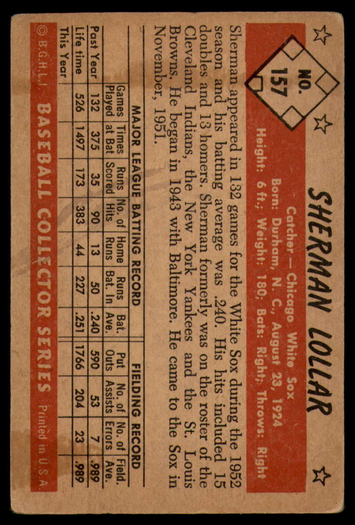 1953 Bowman Color #157 Sherm Lollar VG  ID: 90015