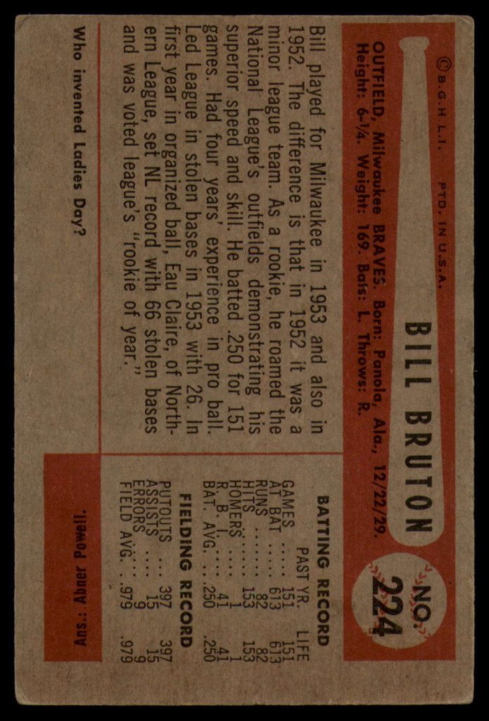 1954 Bowman #224 Bill Bruton UER EX 