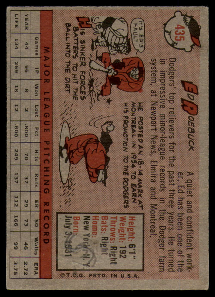 1958 Topps #435 Ed Roebuck G/VG Good/Very Good 