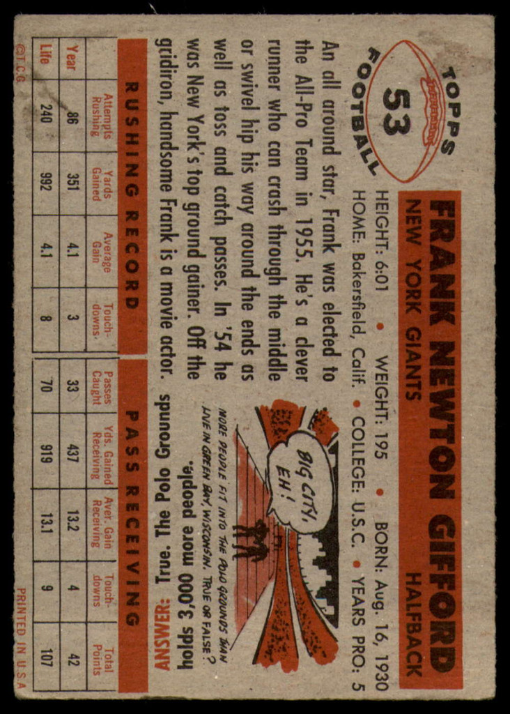 1956 Topps #53 Frank Gifford VG/EX 