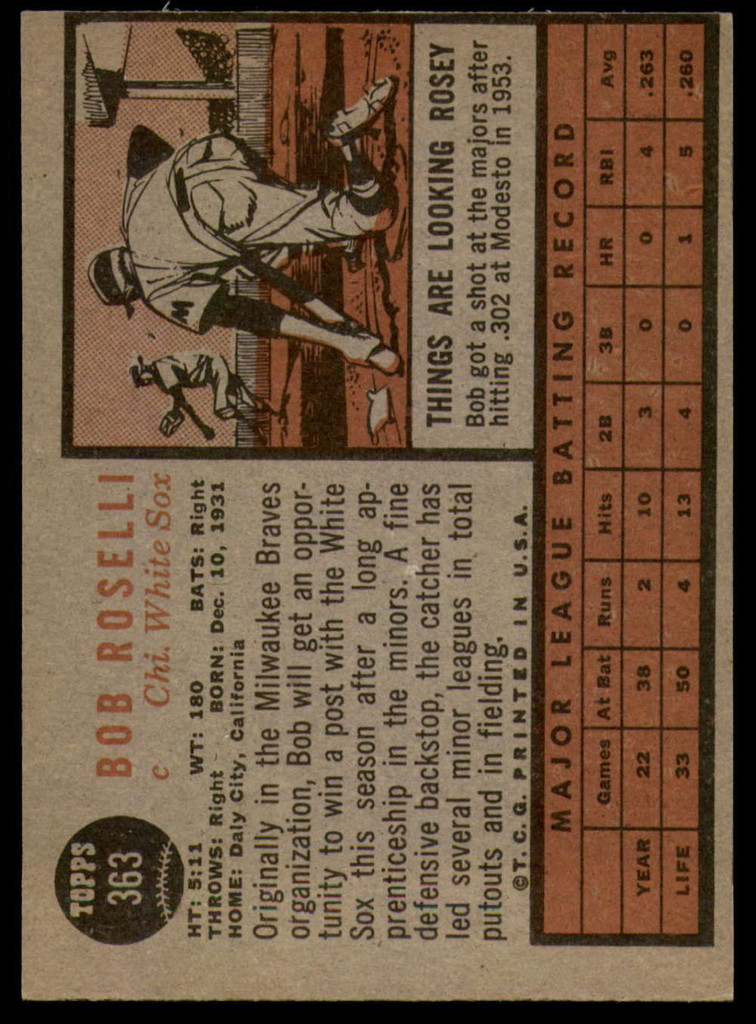 1962 Topps #363 Bob Roselli EX Excellent 