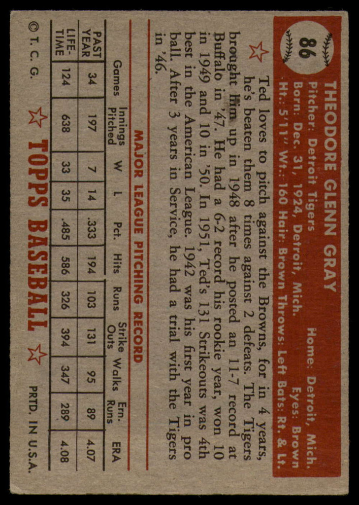 1952 Topps #86 Ted Gray EX  ID: 91354