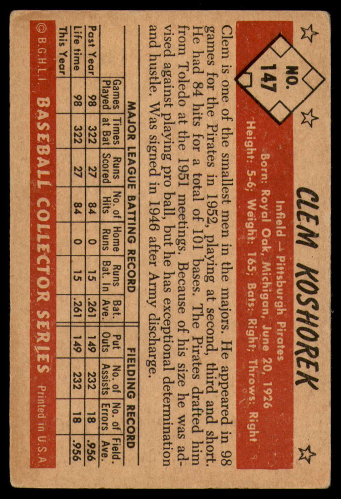 1953 Bowman Color #147 Clem Koshorek VG