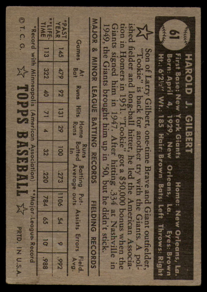 1952 Topps #61 Tookie Gilbert VG Black Back ID: 89884