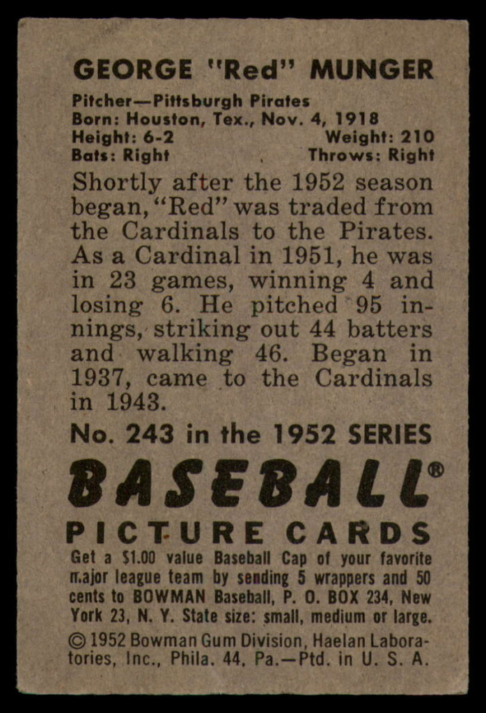 1952 Bowman #243 Red Munger VG 