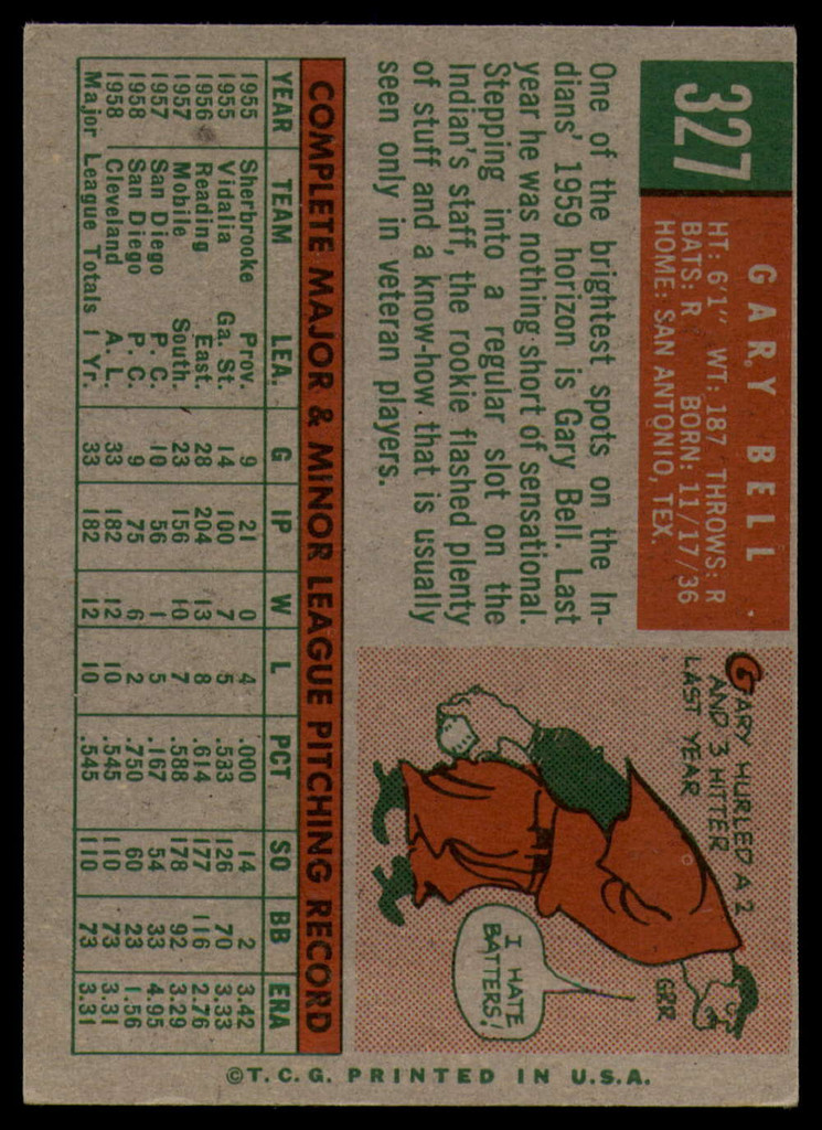 1959 Topps #327 Gary Bell EX++ Excellent++ RC Rookie