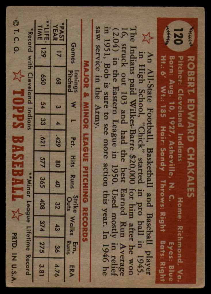 1952 Topps #120 Bob Chakales EX RC Rookie ID: 91453