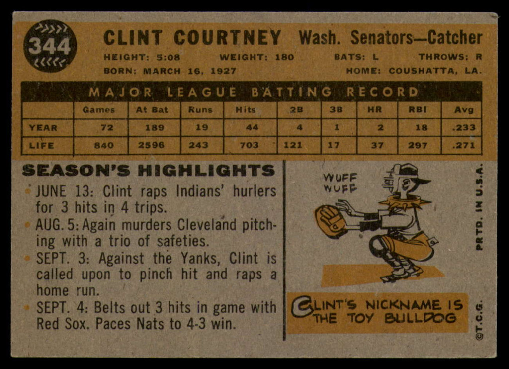 1960 Topps #344 Clint Courtney EX++ Excellent++ 