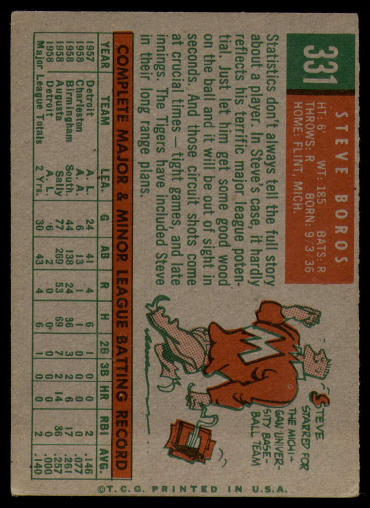 1959 Topps #331 Steve Boros EX++ Excellent++ 