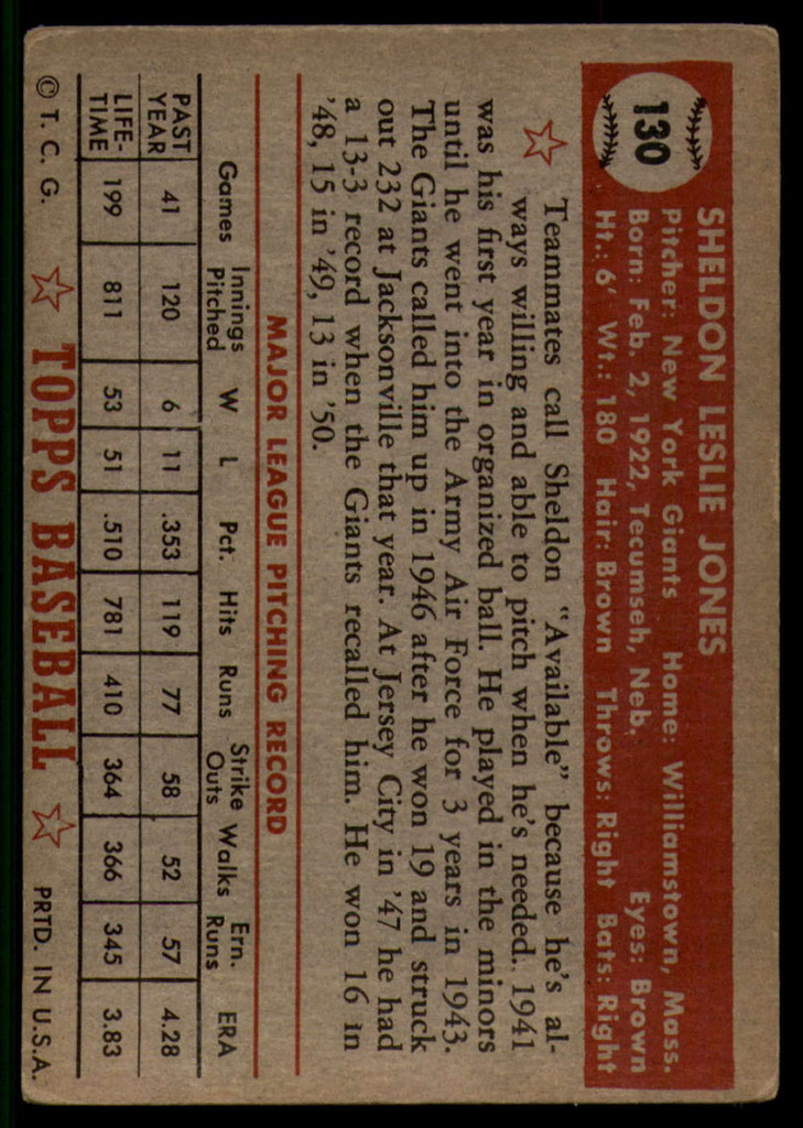 1952 Topps #130 Sheldon Jones EX ID: 53849