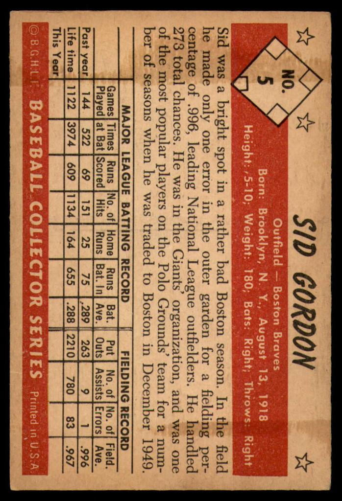 1953 Bowman Color #5 Sid Gordon EX