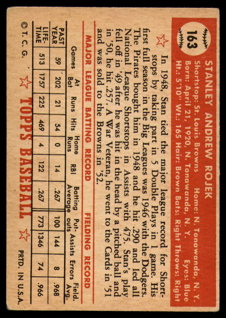 1952 Topps #163 Stan Rojek EX 