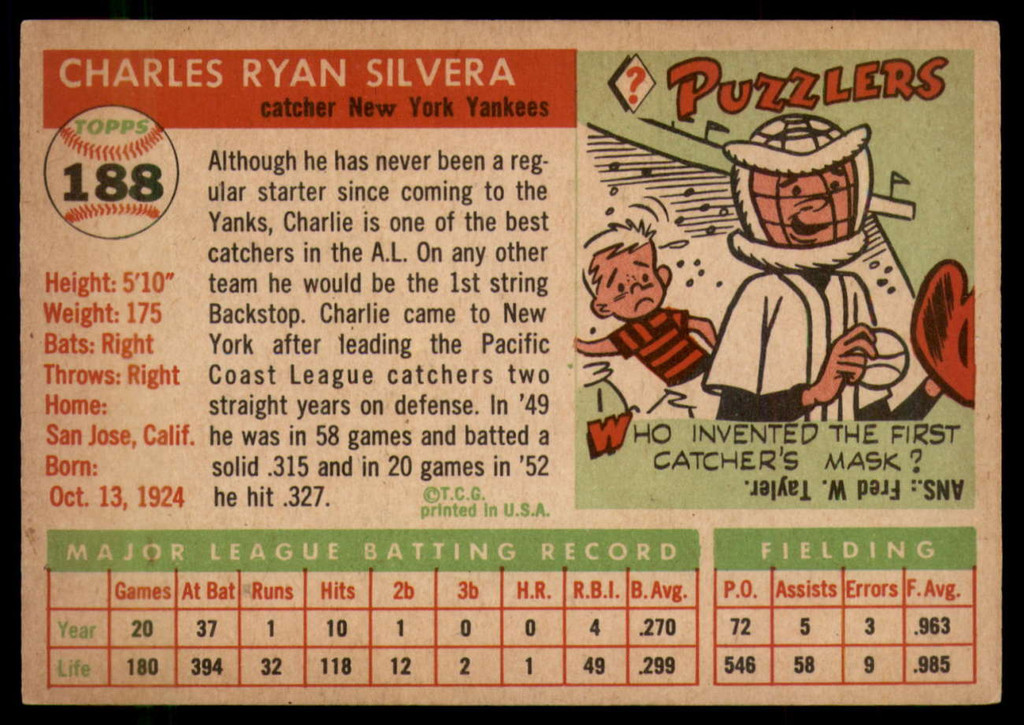 1955 Topps #188 Charlie Silvera DP EX++ ID: 54386