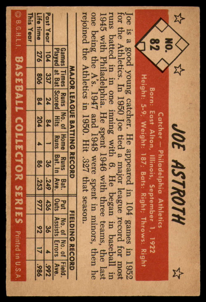 1953 Bowman Color #82 Joe Astroth EX