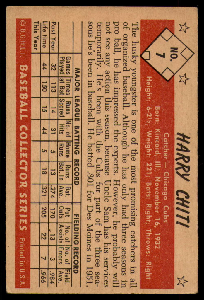 1953 Bowman Color #7 Harry Chiti EX RC Rookie
