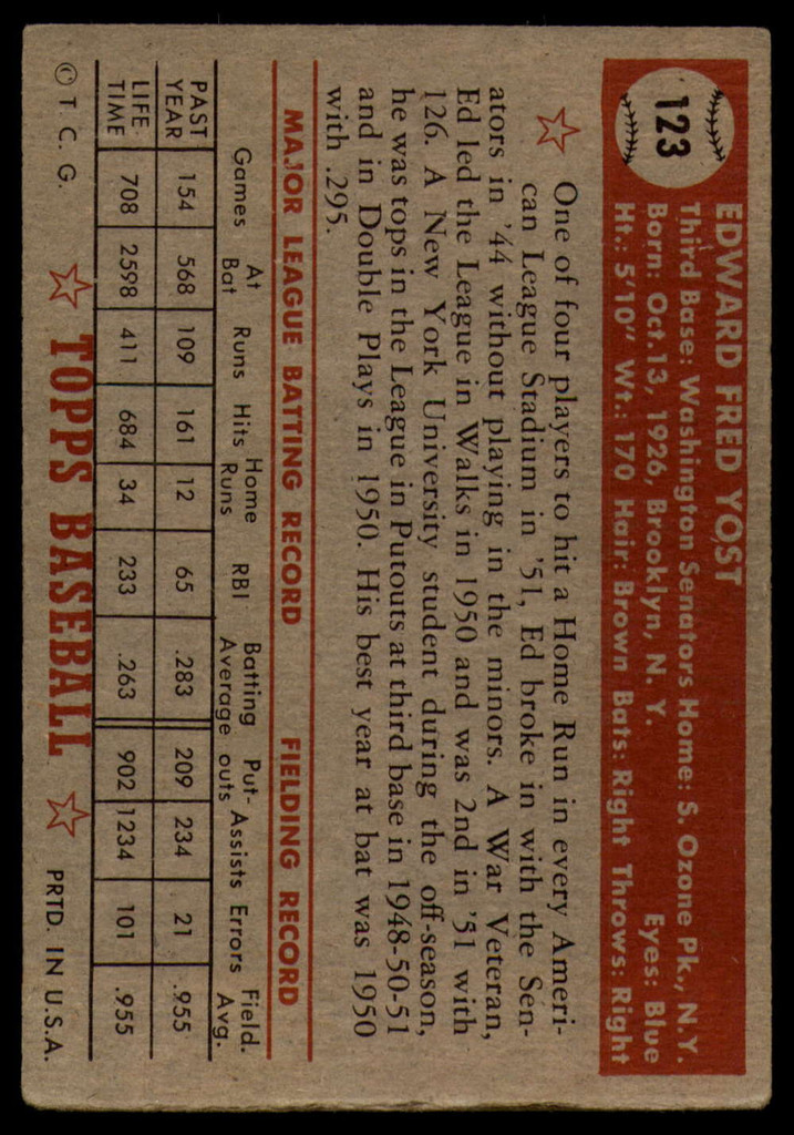 1952 Topps #123 Eddie Yost EX ID: 78493