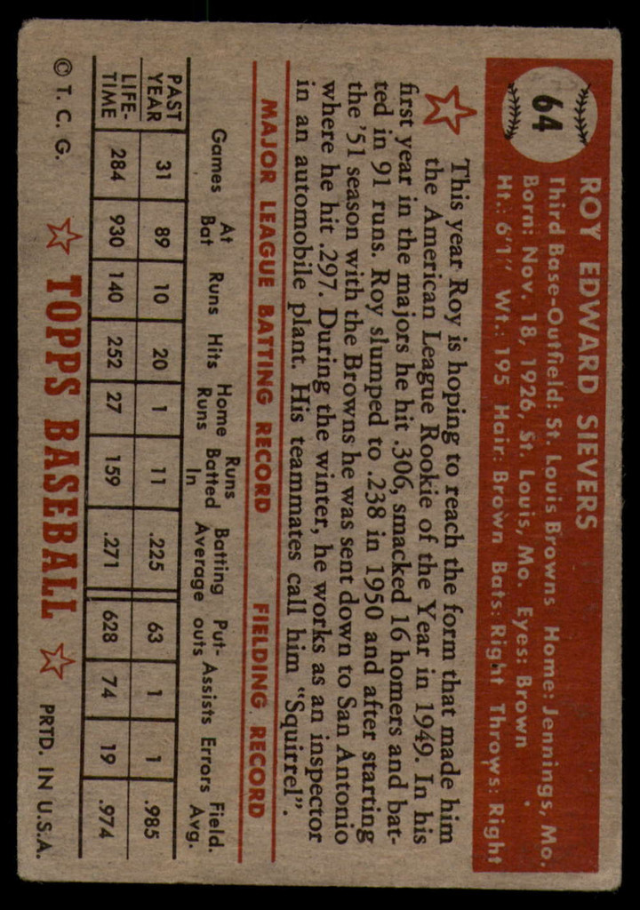 1952 Topps #64 Roy Sievers VG Red Back ID: 91325