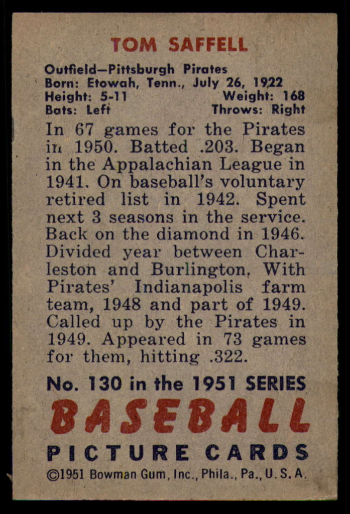 1951 Bowman #130 Tom Saffell NM RC Rookie