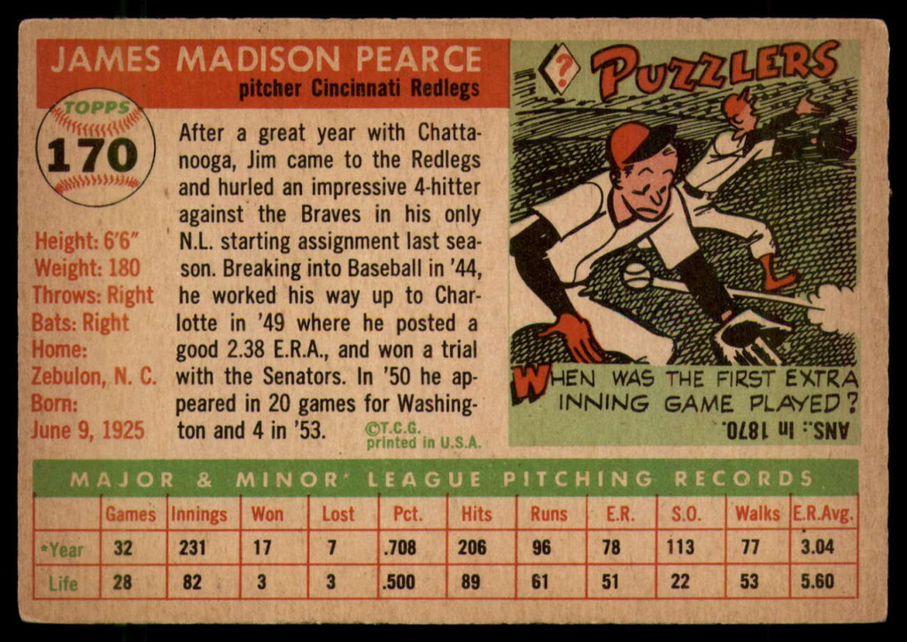 1955 Topps #170 Jim Pearce DP EX++ RC Rookie ID: 54286