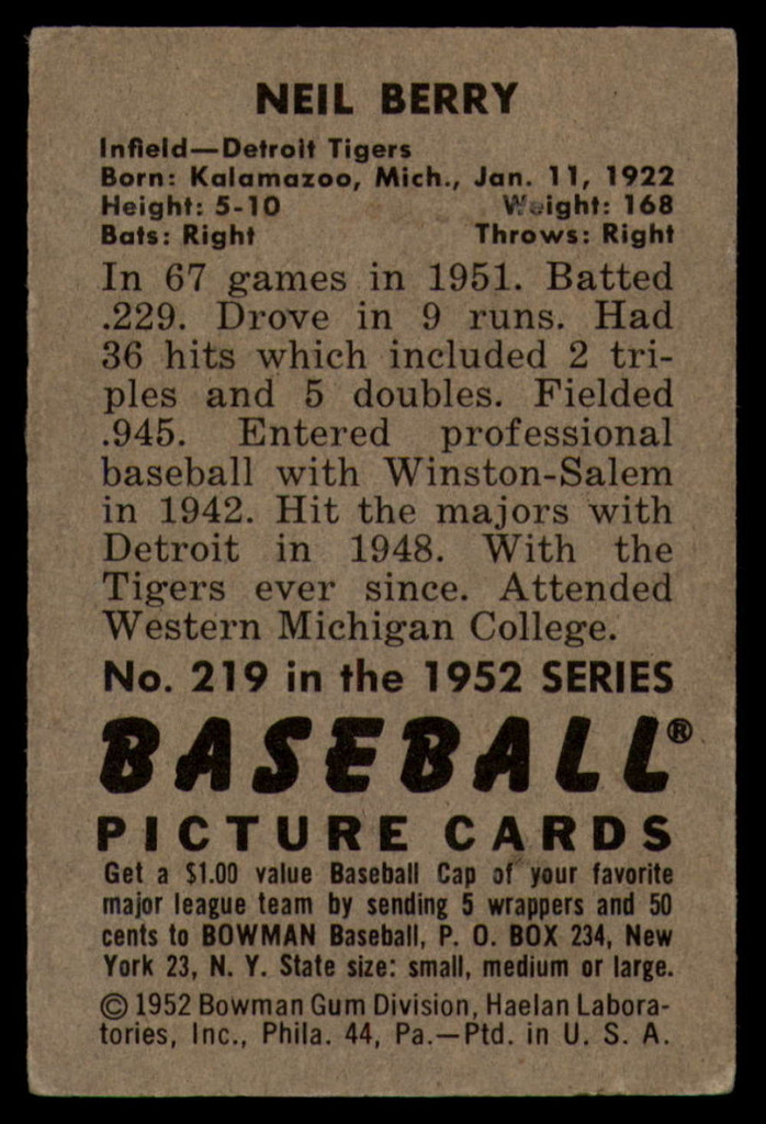 1952 Bowman #219 Neil Berry VG ID: 77349