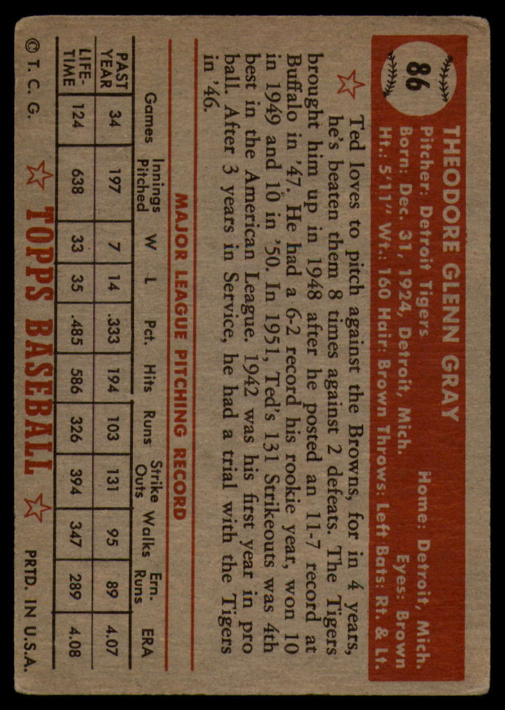 1952 Topps #86 Ted Gray VG/EX ID: 77392