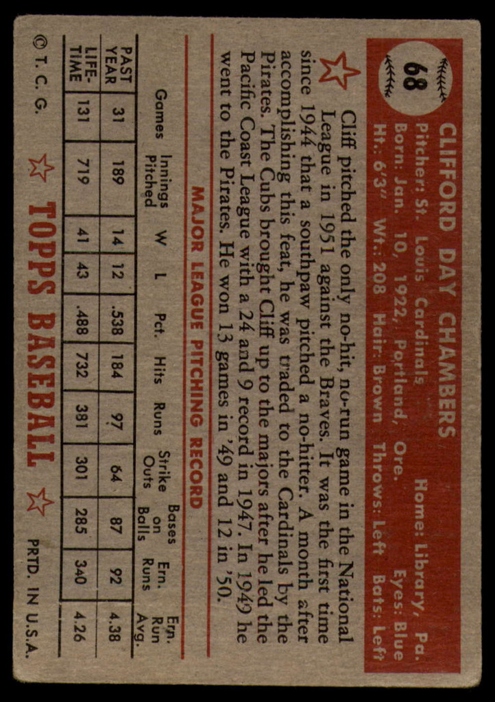 1952 Topps #68 Cliff Chambers VG Red Back