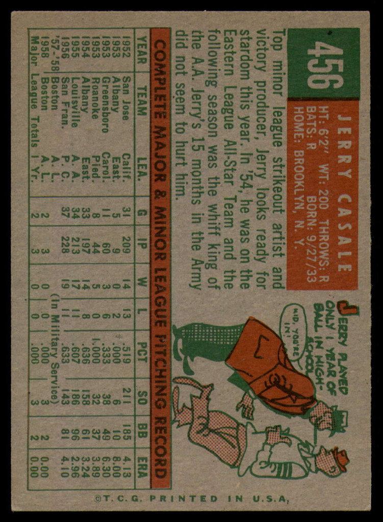 1959 Topps #456 Jerry Casale Excellent+ RC Rookie ID: 161630