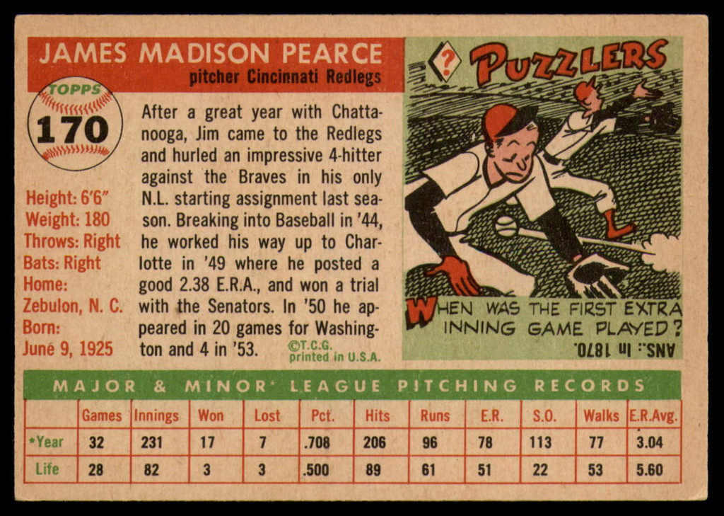 1955 Topps #170 Jim Pearce DP EX++ Excellent++ RC Rookie