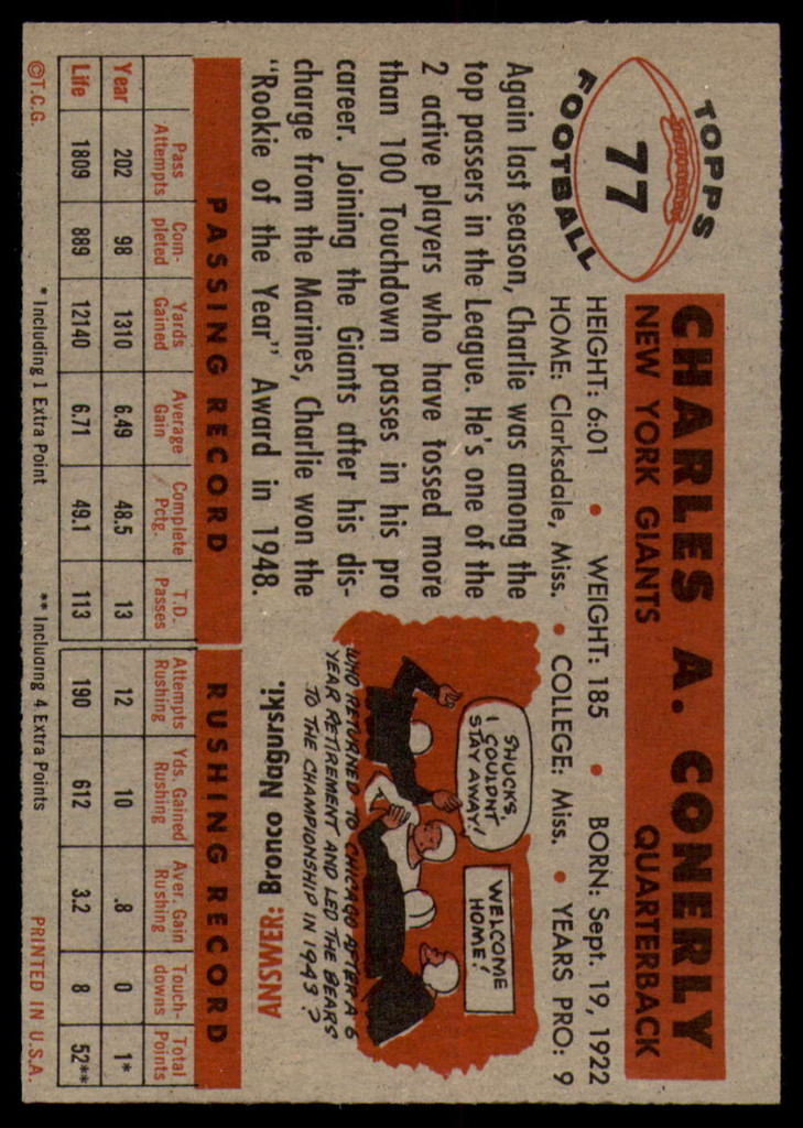 1956 Topps #77 Charley Conerly EX/NM  ID: 90546