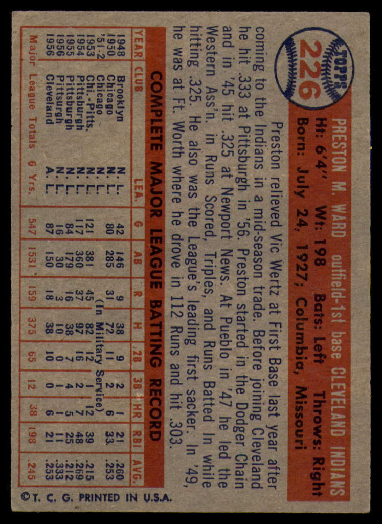 1957 Topps #226 Preston Ward Very Good  ID: 132453