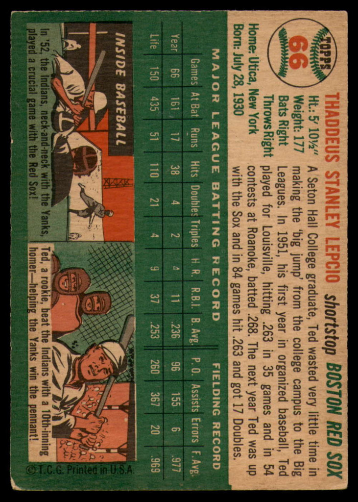 1954 Topps #66 Ted Lepcio EX++ Excellent++ 