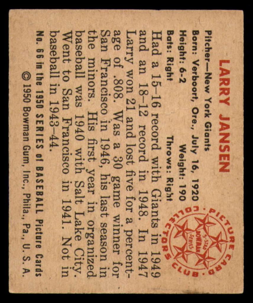 1950 Bowman #66 Larry Jansen VG  ID: 92126