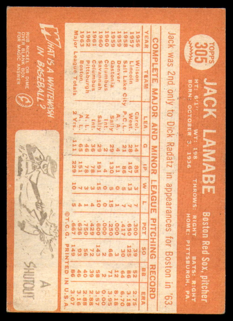 1964 Topps #305 Jack Lamabe EX++ Excellent++ 