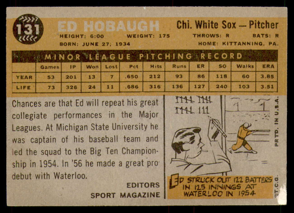 1960 Topps #131 Ed Hobaugh RS Excellent+ RC Rookie  ID: 196207