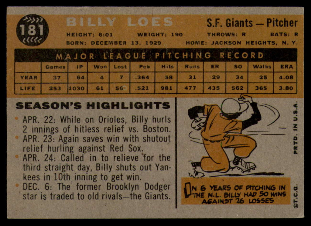 1960 Topps #181 Billy Loes EX++ Excellent++ - Scottsdale Cards 2021