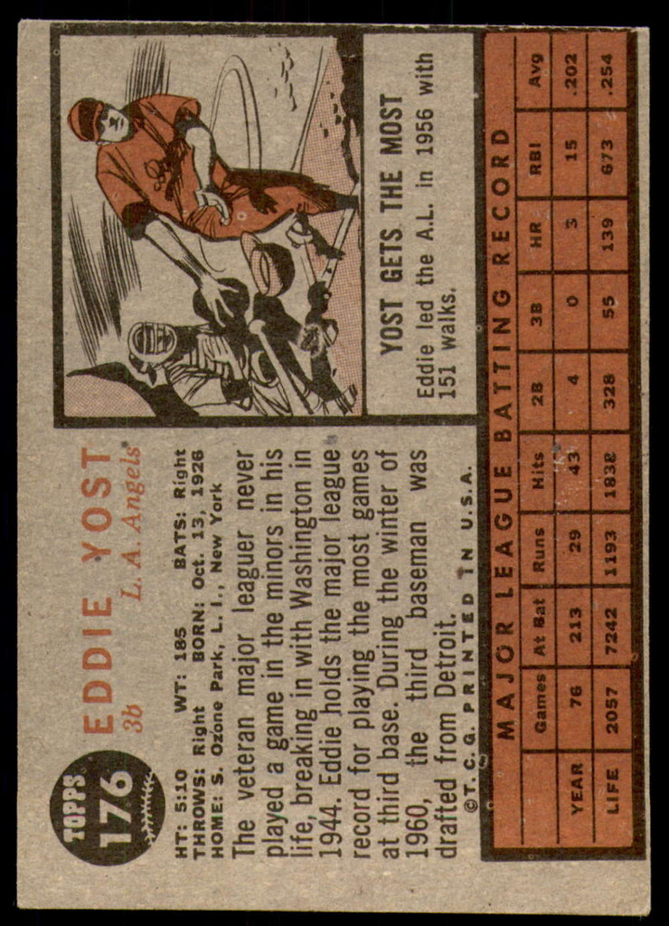 1962 Topps #176 Eddie Yost Excellent  ID: 195022