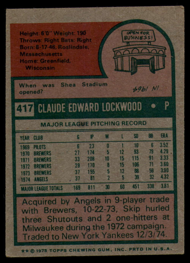 1975 Topps #417 Skip Lockwood Signed Auto Autograph 