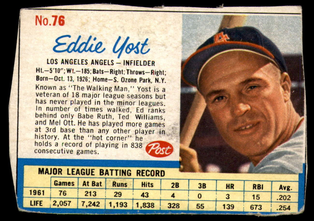 1962 Post Cereal #76 Eddie Yost Excellent  ID: 137217