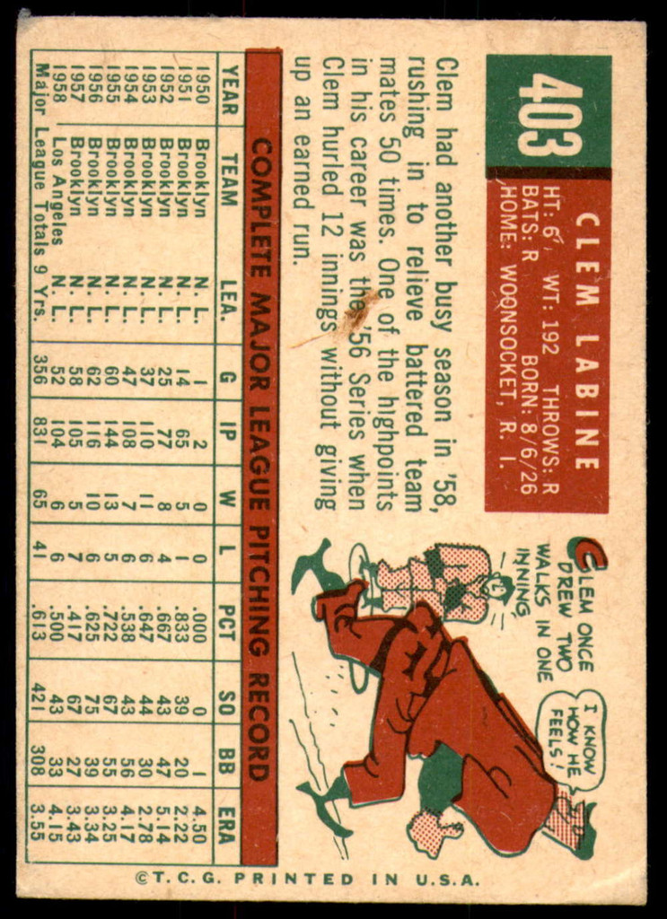 1959 Topps #403 Clem Labine Very Good  ID: 199691