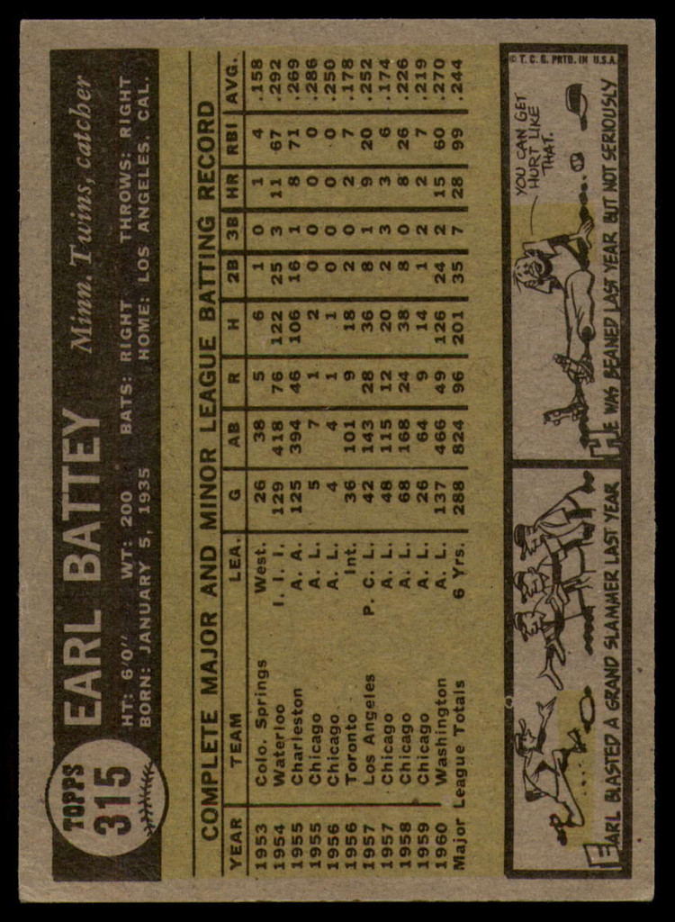 1961 Topps #315 Earl Battey EX++ Excellent++  ID: 112491