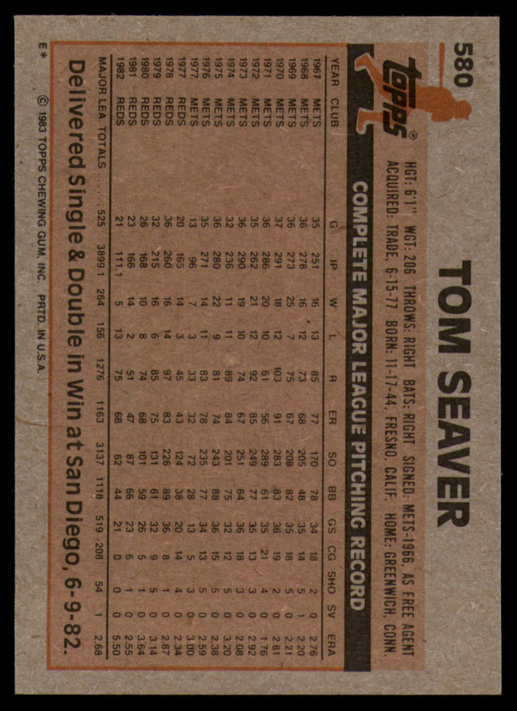 1983 Topps #580 Tom Seaver NM-Mint  ID: 146286