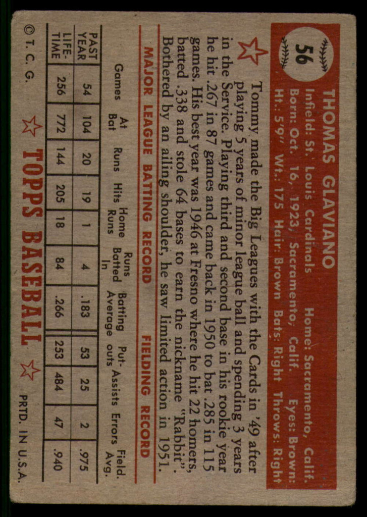 1952 Topps #56 Tommy Glaviano VG