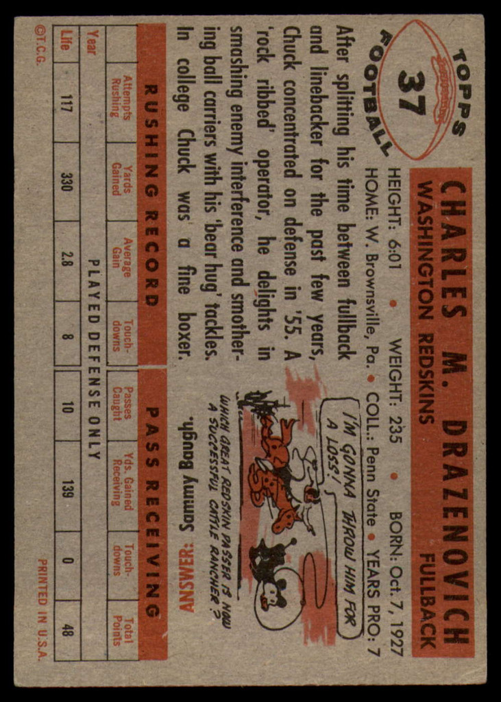 1956 Topps #37 Chuck Drazenovich EX SP