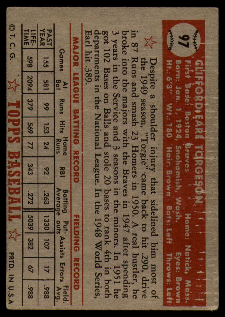 1952 Topps #97 Earl Torgeson VG/EX ID: 78467