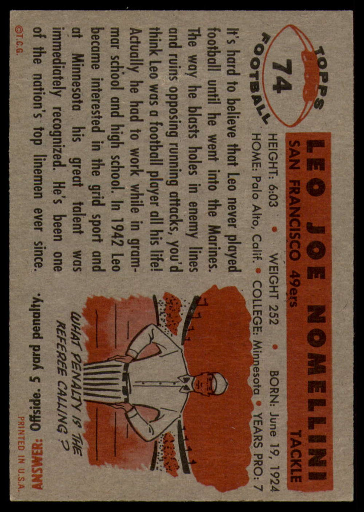 1956 Topps #74 Leo Nomellini EX/NM  ID: 90540