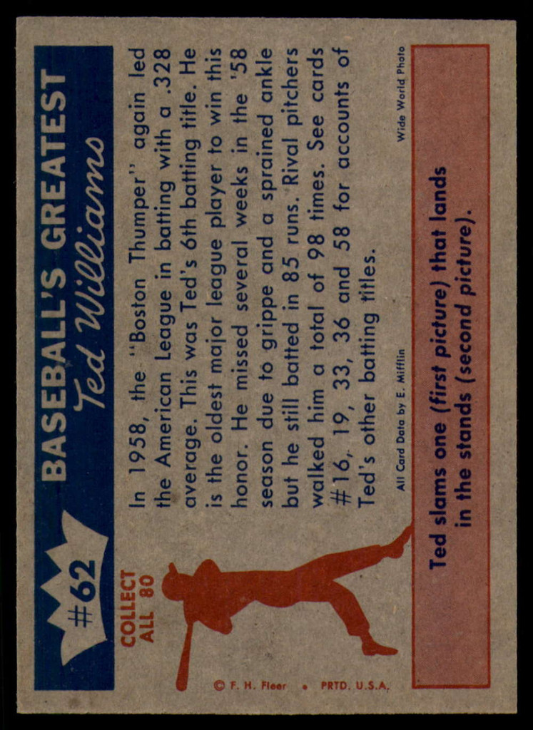 1959 Fleer Ted Williams #62 1958 - 6th Batting Title For Ted NM-MT ID: 52960