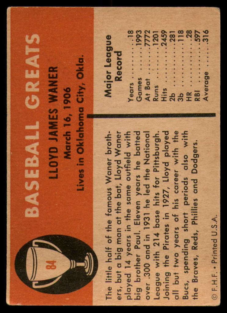 1961 Fleer #84 Lloyd Waner Excellent  ID: 176044