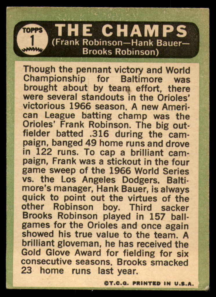 1967 Topps #   1 Frank Robinson/Hank Bauer/Brooks Robinson The Champs DP EX 